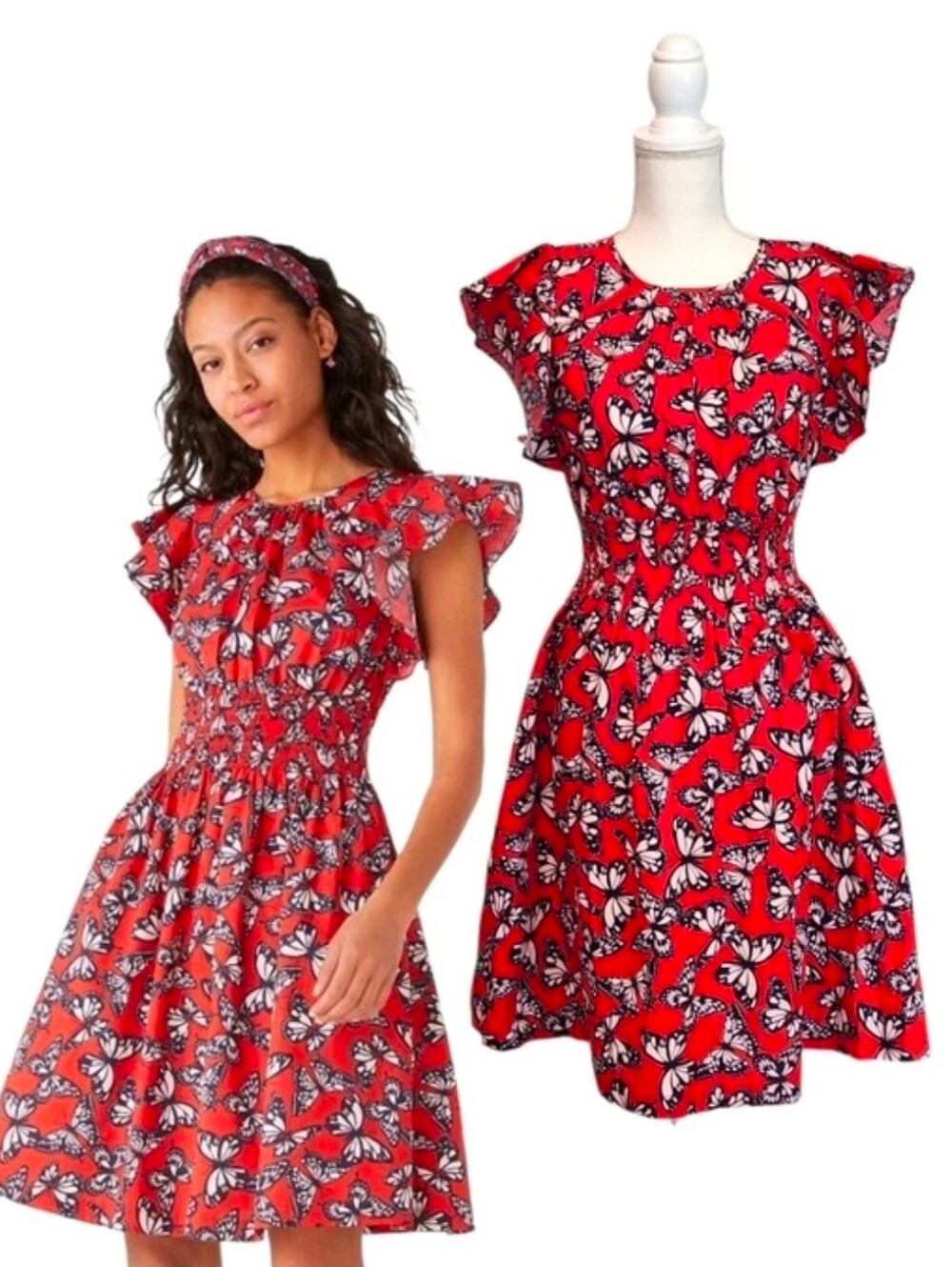 kate spade Red Butterfly Print Ruffle Sleeve Dress sz XL